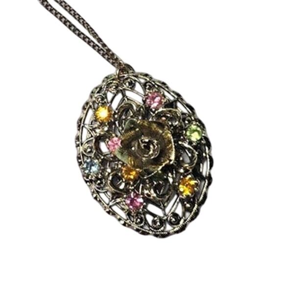 Rose with Decorative Colored Gemstones Pendant Vintage Necklace - Picture 2 of 6